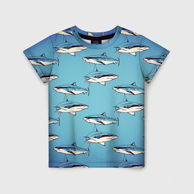 Детская футболка 3D с принтом Акулы Паттерн , 100% гипоаллергенный полиэфир | прямой крой, круглый вырез горловины, длина до линии бедер, чуть спущенное плечо, ткань немного тянется | shark | акулы | иллюстрация | морские жители | морские обитатели | паттерн | рисунок | рыбы