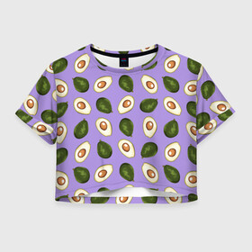 Женская футболка Crop-top 3D с принтом Авокадо паттерн , 100% полиэстер | круглая горловина, длина футболки до линии талии, рукава с отворотами | avocado | авокадо | авокадо паттерн | авокадо с косточкой | еда | зеленый | косточка | овощ | орнамент | паттерн | полезное питание | узор | фиолетовый