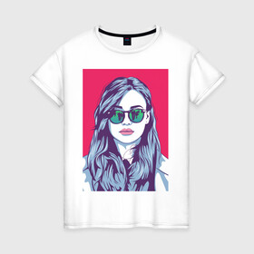 Женская футболка хлопок с принтом Девушка , 100% хлопок | прямой крой, круглый вырез горловины, длина до линии бедер, слегка спущенное плечо | девушка | красный фон | очки | поп арт | портрет