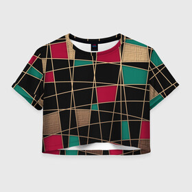 Женская футболка Crop-top 3D с принтом Модный  абстрактный узор  , 100% полиэстер | круглая горловина, длина футболки до линии талии, рукава с отворотами | бирюзовый | золотой | красный | модный | молодежный | мужской | полосы | современный | текстура | черный