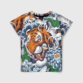 Детская футболка 3D с принтом Тигр , 100% гипоаллергенный полиэфир | прямой крой, круглый вырез горловины, длина до линии бедер, чуть спущенное плечо, ткань немного тянется | дикая кошка | зверь | клык | крупная кошка | тигр | хищник | хризантема | цветы | япония
