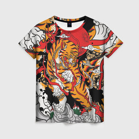 Женская футболка 3D с принтом Самурайский тигр , 100% полиэфир ( синтетическое хлопкоподобное полотно) | прямой крой, круглый вырез горловины, длина до линии бедер | воин | год тигра | закат | крупная кошка | полосы | тигр | тигриная лапа | хищник