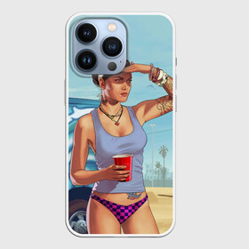 Чехол для iPhone 13 Pro с принтом girl with coffee ,  |  | art | beach | car | game | grand theft auto v | gta 5 | gta online | sand | sky | арт | гта 5 | гта онлайн | игра | машина | небо | песок | пляж