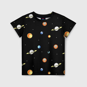 Детская футболка 3D с принтом Планеты в космосе , 100% гипоаллергенный полиэфир | прямой крой, круглый вырез горловины, длина до линии бедер, чуть спущенное плечо, ткань немного тянется | венера | звезды | земля | иллюстрация | космос | паттерн | планеты | рисунок | сатурн | черный | юпитер