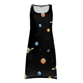 Платье-майка 3D с принтом Планеты в космосе , 100% полиэстер | полуприлегающий силуэт, широкие бретели, круглый вырез горловины, удлиненный подол сзади. | венера | звезды | земля | иллюстрация | космос | паттерн | планеты | рисунок | сатурн | черный | юпитер