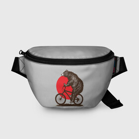 Поясная сумка 3D с принтом Медведь на велосиеде , 100% полиэстер | плотная ткань, ремень с регулируемой длиной, внутри несколько карманов для мелочей, основное отделение и карман с обратной стороны сумки застегиваются на молнию | Тематика изображения на принте: вело | велосипед | медведь | солнце | спорт | япония