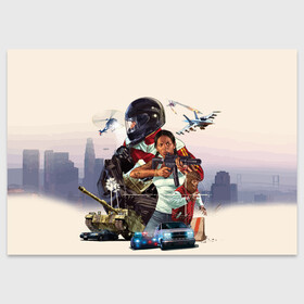 Поздравительная открытка с принтом Grand Theft Auto V , 100% бумага | плотность бумаги 280 г/м2, матовая, на обратной стороне линовка и место для марки
 | Тематика изображения на принте: art | cars | city | game | girl | gta 5 | gta online | helicopter | los santos | mask | people | plane | police | tank | weapons | арт | вертолет | город | гта 5 | гта онлайн | девушка | игра | лос сантос | люди | маска | машины | оружие | самол