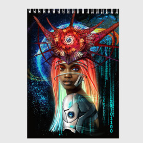 Скетчбук с принтом Cyberpunk girl , 100% бумага
 | 48 листов, плотность листов — 100 г/м2, плотность картонной обложки — 250 г/м2. Листы скреплены сверху удобной пружинной спиралью | Тематика изображения на принте: волосы | девушка | киберпанк | корона | космос | планета