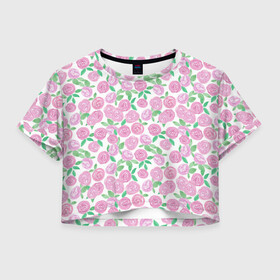 Женская футболка Crop-top 3D с принтом Розовые акварельные розы , 100% полиэстер | круглая горловина, длина футболки до линии талии, рукава с отворотами | акварель | акварельные цветы | детский | для женщин | модный | розовый | розы | цветы