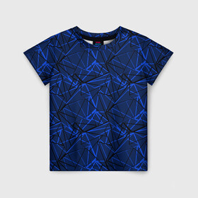 Детская футболка 3D с принтом Черно-синий геометрический   , 100% гипоаллергенный полиэфир | прямой крой, круглый вырез горловины, длина до линии бедер, чуть спущенное плечо, ткань немного тянется | Тематика изображения на принте: абстрактный | геометрические фигуры | геометрический | модный | молодежный | полосы | синий | синий и черный