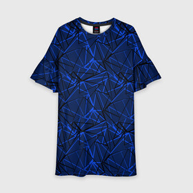 Детское платье 3D с принтом Черно-синий геометрический   , 100% полиэстер | прямой силуэт, чуть расширенный к низу. Круглая горловина, на рукавах — воланы | Тематика изображения на принте: абстрактный | геометрические фигуры | геометрический | модный | молодежный | полосы | синий | синий и черный
