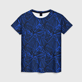 Женская футболка 3D с принтом Черно-синий геометрический   , 100% полиэфир ( синтетическое хлопкоподобное полотно) | прямой крой, круглый вырез горловины, длина до линии бедер | Тематика изображения на принте: абстрактный | геометрические фигуры | геометрический | модный | молодежный | полосы | синий | синий и черный