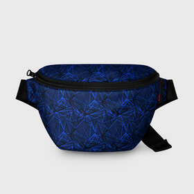 Поясная сумка 3D с принтом Черно-синий геометрический   , 100% полиэстер | плотная ткань, ремень с регулируемой длиной, внутри несколько карманов для мелочей, основное отделение и карман с обратной стороны сумки застегиваются на молнию | абстрактный | геометрические фигуры | геометрический | модный | молодежный | полосы | синий | синий и черный
