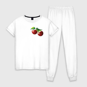 Женская пижама хлопок с принтом Вишенки , 100% хлопок | брюки и футболка прямого кроя, без карманов, на брюках мягкая резинка на поясе и по низу штанин | бордовый | вишня | зеленый | листва | ягоды