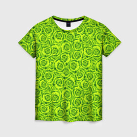 Женская футболка 3D с принтом Неоновый цветочный узор  , 100% полиэфир ( синтетическое хлопкоподобное полотно) | прямой крой, круглый вырез горловины, длина до линии бедер | детский | женский | зеленый | лето | неоновый узор | розы | современный | яркий зеленый