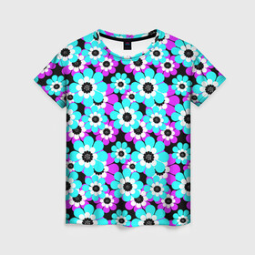 Женская футболка 3D с принтом Яркие бирюзовые цветы  , 100% полиэфир ( синтетическое хлопкоподобное полотно) | прямой крой, круглый вырез горловины, длина до линии бедер | бирюзовые цветы | бордовый | детский | для детей | малышам | неоновый | ретро | цветочный узор