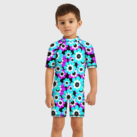 Детский купальный костюм 3D с принтом Яркие бирюзовые цветы , Полиэстер 85%, Спандекс 15% | застежка на молнии на спине | бирюзовые цветы | бордовый | детский | для детей | малышам | неоновый | ретро | цветочный узор
