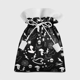 Подарочный 3D мешок с принтом Вальпургиева ночь | Inventory , 100% полиэстер | Размер: 29*39 см | ведьмин колпак | змеи | колдунья на метле | летучие мыши | магические предметы | пауки | паутина | черепа