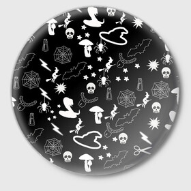 Значок с принтом Вальпургиева ночь | Inventory ,  металл | круглая форма, металлическая застежка в виде булавки | ведьмин колпак | змеи | колдунья на метле | летучие мыши | магические предметы | пауки | паутина | черепа