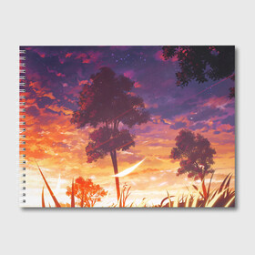 Альбом для рисования с принтом Закат в аниме стиле , 100% бумага
 | матовая бумага, плотность 200 мг. | акварель | алый закат | аниме | в аниме стиле | ветер | деревья | закат | красками | листва | облака | рассвет | рисунок | солнце | тучи