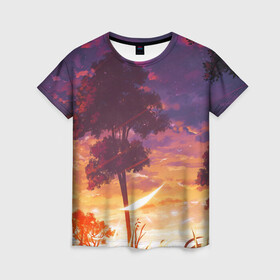 Женская футболка 3D с принтом Закат в аниме стиле , 100% полиэфир ( синтетическое хлопкоподобное полотно) | прямой крой, круглый вырез горловины, длина до линии бедер | акварель | алый закат | аниме | в аниме стиле | ветер | деревья | закат | красками | листва | облака | рассвет | рисунок | солнце | тучи