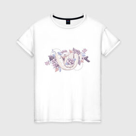 Женская футболка хлопок с принтом Белая змея и цветы , 100% хлопок | прямой крой, круглый вырез горловины, длина до линии бедер, слегка спущенное плечо | белая | букет | бутон | ветвь | ветка | гадюка | змея | питон | розовая | удав | цветы