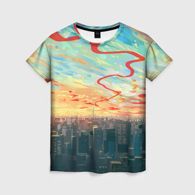 Женская футболка 3D с принтом Токио красками , 100% полиэфир ( синтетическое хлопкоподобное полотно) | прямой крой, круглый вырез горловины, длина до линии бедер | акварелью | аниме | ветер | город | закат | здания | красками | мегаполис | облака | постройки | рассвет | стиль | столица | токио | тучи | япония