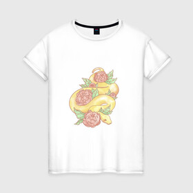 Женская футболка хлопок с принтом Змея акварелью , 100% хлопок | прямой крой, круглый вырез горловины, длина до линии бедер, слегка спущенное плечо | акварелью | букет | бутон | ветвь | ветка | гадюка | змея | красками | питон | удав | цветы