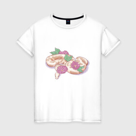 Женская футболка хлопок с принтом Акварельная змея , 100% хлопок | прямой крой, круглый вырез горловины, длина до линии бедер, слегка спущенное плечо | акварелью | букет | бутон | ветвь | ветка | гадюка | змея | красками | питон | удав | цветы