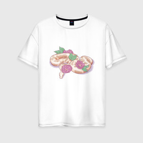 Женская футболка хлопок Oversize с принтом Акварельная змея , 100% хлопок | свободный крой, круглый ворот, спущенный рукав, длина до линии бедер
 | акварелью | букет | бутон | ветвь | ветка | гадюка | змея | красками | питон | удав | цветы