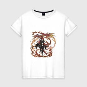 Женская футболка хлопок с принтом Дилюк в деле , 100% хлопок | прямой крой, круглый вырез горловины, длина до линии бедер, слегка спущенное плечо | арт | дилюк | мондштадт | огненная птица | огонь | пиро | пламя | птица | рисунок | феникс | языки пламени