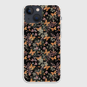 Чехол для iPhone 13 mini с принтом Ретро узор . Бабочки ,  |  | бабочки | винтажный | детский | женский | коричневый | растения | ретро | тропический | черный фон