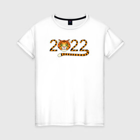 Женская футболка хлопок с принтом Год Тигра 2022 с мордочкой , 100% хлопок | прямой крой, круглый вырез горловины, длина до линии бедер, слегка спущенное плечо | 2022 | дата | животное | полоски | символ | тигр | хвост