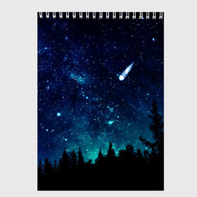 Скетчбук с принтом ЛЕС НОЧЬЮ , 100% бумага
 | 48 листов, плотность листов — 100 г/м2, плотность картонной обложки — 250 г/м2. Листы скреплены сверху удобной пружинной спиралью | вселенная | деревья | звёзды | комета | космос | лес | ночь