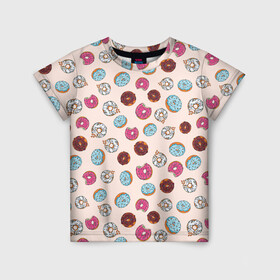 Детская футболка 3D с принтом Пончики донаты паттерн , 100% гипоаллергенный полиэфир | прямой крой, круглый вырез горловины, длина до линии бедер, чуть спущенное плечо, ткань немного тянется | десерт | донаты | еда | паттерн | пончики | розовый | сладкое | шоколадный