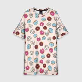 Детское платье 3D с принтом Пончики донаты паттерн , 100% полиэстер | прямой силуэт, чуть расширенный к низу. Круглая горловина, на рукавах — воланы | десерт | донаты | еда | паттерн | пончики | розовый | сладкое | шоколадный