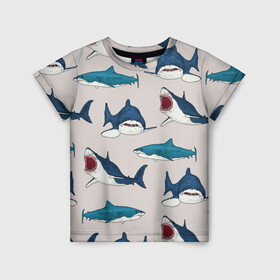 Детская футболка 3D с принтом Кровожадные акулы паттерн , 100% гипоаллергенный полиэфир | прямой крой, круглый вырез горловины, длина до линии бедер, чуть спущенное плечо, ткань немного тянется | shark | акулы | кровожадные акулы | морские обитатели | опасный | паттерн | синий