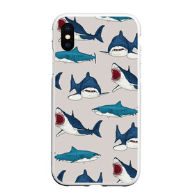 Чехол для iPhone XS Max матовый с принтом Кровожадные акулы паттерн , Силикон | Область печати: задняя сторона чехла, без боковых панелей | shark | акулы | кровожадные акулы | морские обитатели | опасный | паттерн | синий