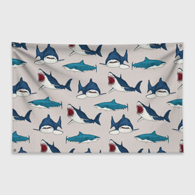 Флаг-баннер с принтом Кровожадные акулы паттерн , 100% полиэстер | размер 67 х 109 см, плотность ткани — 95 г/м2; по краям флага есть четыре люверса для крепления | shark | акулы | кровожадные акулы | морские обитатели | опасный | паттерн | синий
