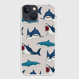 Чехол для iPhone 13 mini с принтом Кровожадные акулы паттерн ,  |  | shark | акулы | кровожадные акулы | морские обитатели | опасный | паттерн | синий