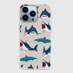Чехол для iPhone 13 Pro с принтом Кровожадные акулы паттерн ,  |  | shark | акулы | кровожадные акулы | морские обитатели | опасный | паттерн | синий