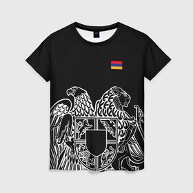 Женская футболка 3D с принтом Герб Армении и флаг , 100% полиэфир ( синтетическое хлопкоподобное полотно) | прямой крой, круглый вырез горловины, длина до линии бедер | армения | герб | лев и орел | лого | символ | флаг | флаг и герб армении