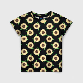 Детская футболка 3D с принтом Подсолнухи паттерн , 100% гипоаллергенный полиэфир | прямой крой, круглый вырез горловины, длина до линии бедер, чуть спущенное плечо, ткань немного тянется | желтый | зеленый | паттерн | подсолнухи | цветы | черный