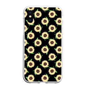 Чехол для iPhone XS Max матовый с принтом Подсолнухи паттерн , Силикон | Область печати: задняя сторона чехла, без боковых панелей | желтый | зеленый | паттерн | подсолнухи | цветы | черный