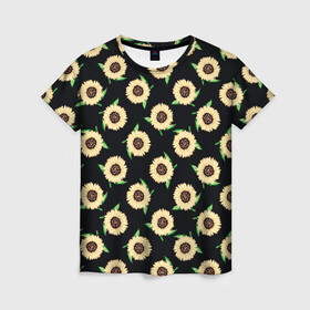 Женская футболка 3D с принтом Подсолнухи паттерн , 100% полиэфир ( синтетическое хлопкоподобное полотно) | прямой крой, круглый вырез горловины, длина до линии бедер | желтый | зеленый | паттерн | подсолнухи | цветы | черный