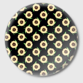 Значок с принтом Подсолнухи паттерн ,  металл | круглая форма, металлическая застежка в виде булавки | желтый | зеленый | паттерн | подсолнухи | цветы | черный