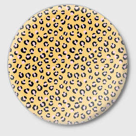 Значок с принтом Желтый леопардовый принт ,  металл | круглая форма, металлическая застежка в виде булавки | Тематика изображения на принте: желтый | леопардовый принт | паттерн | пятна | пятнистый | розовый | текстура
