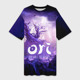 Платье-футболка 3D с принтом Ori and the Will of the Wisps ,  |  | adventure | computer game | lightning | ori | ori and the will of the wisps | rain | spirit of the forest | tree | дерево | дождь | дух леса | компьютерная игра | молния | ори | ори и блуждающие огоньки | приключения