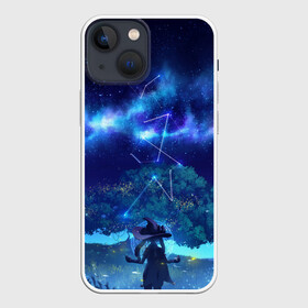 Чехол для iPhone 13 mini с принтом MONA GENSHIN IMPACT ,  |  | багровая заря | геншин испакт | гидро | дерево | звезда | звезды | лес | мона | мона мегистус | мондштадт | небо | персонаж | светлячки | синее | синий | синяя | созвездие | созвездия | тейват