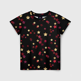 Детская футболка 3D с принтом Блестящие звезды на черном , 100% гипоаллергенный полиэфир | прямой крой, круглый вырез горловины, длина до линии бедер, чуть спущенное плечо, ткань немного тянется | абстрактный | блеск | детский | женский | звезды | золото | золотые звезды